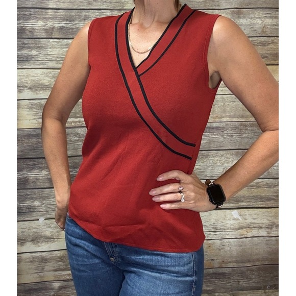 Cable & Gauge Tops - Cable & Gauge Red Sleeveless Faux Wrap V-Neck Sweater Top Black Trim M Medium